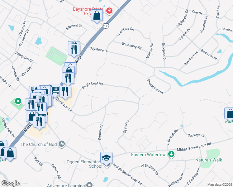 map of restaurants, bars, coffee shops, grocery stores, and more near 7432 Bright Leaf Road in Wilmington