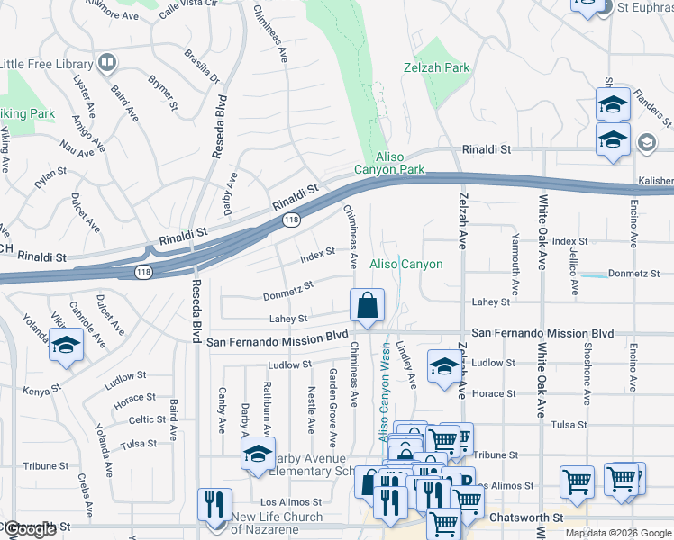map of restaurants, bars, coffee shops, grocery stores, and more near 18208 Index Street in Los Angeles