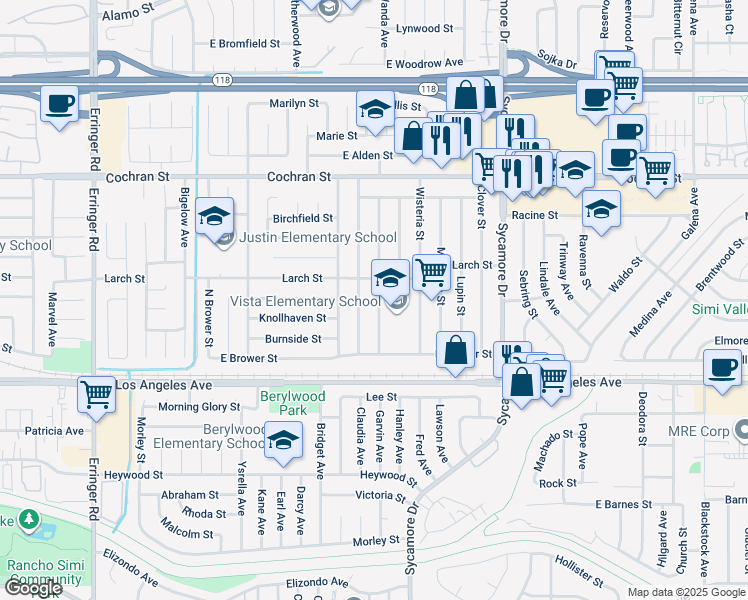 map of restaurants, bars, coffee shops, grocery stores, and more near 2149 Madrone Street in Simi Valley