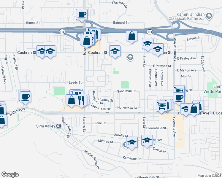 map of restaurants, bars, coffee shops, grocery stores, and more near 2206 Birch Glen Ave in Simi Valley
