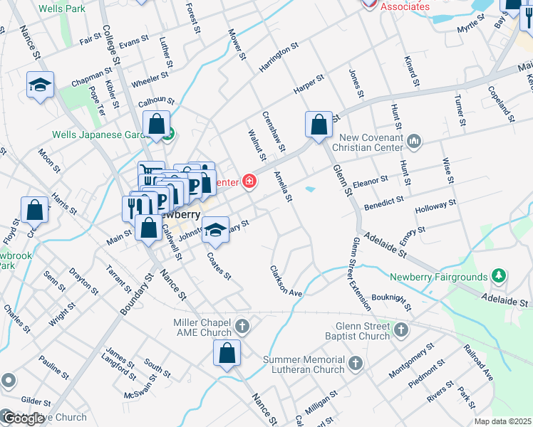 map of restaurants, bars, coffee shops, grocery stores, and more near 1700 Boundary Street in Newberry