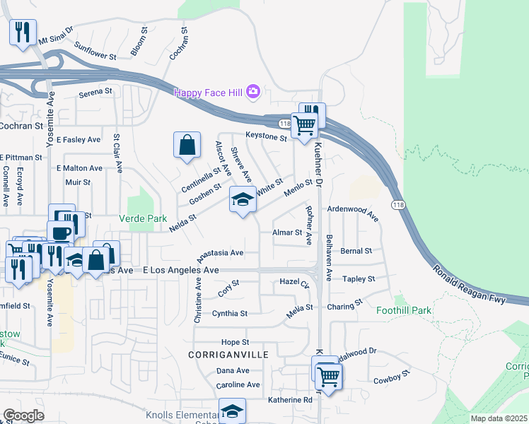 map of restaurants, bars, coffee shops, grocery stores, and more near 6376 Menlo Street in Simi Valley