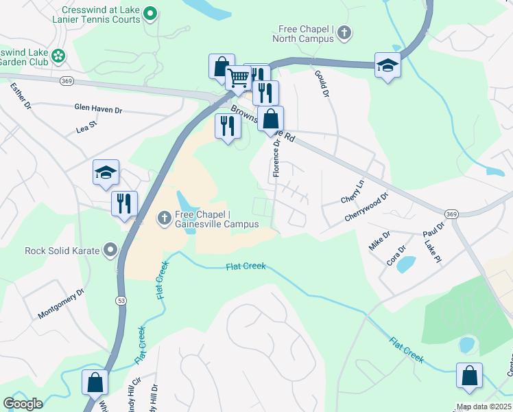map of restaurants, bars, coffee shops, grocery stores, and more near 2920 Florence Drive in Gainesville