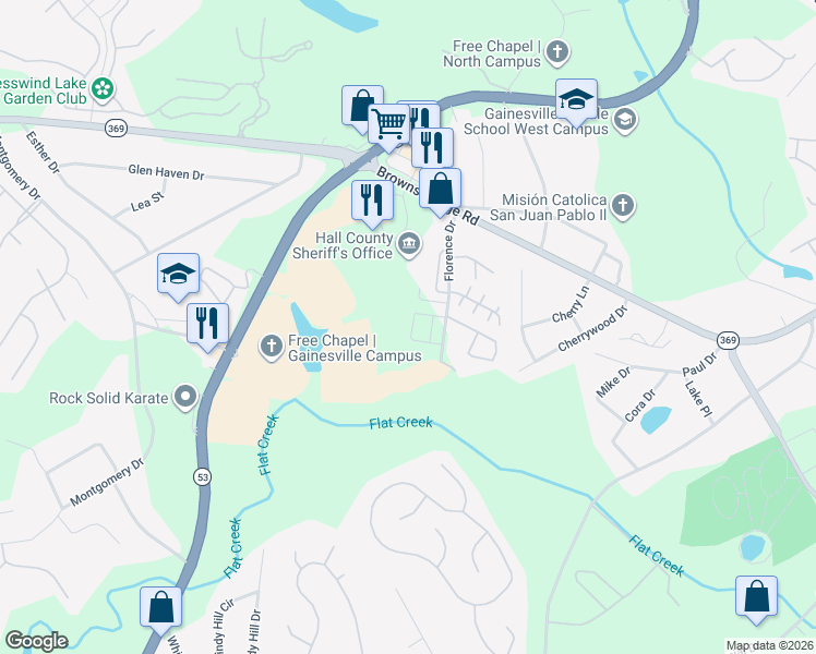 map of restaurants, bars, coffee shops, grocery stores, and more near 2920 Florence Drive in Gainesville