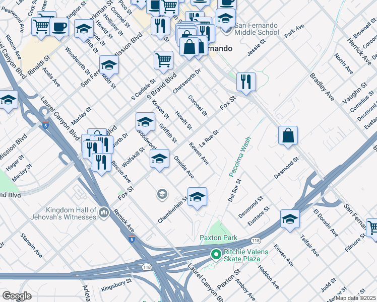 map of restaurants, bars, coffee shops, grocery stores, and more near 14047 La Rue Street in San Fernando