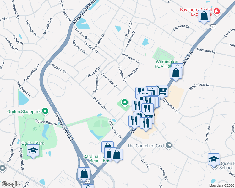 map of restaurants, bars, coffee shops, grocery stores, and more near 7218 Morley Court in Wilmington