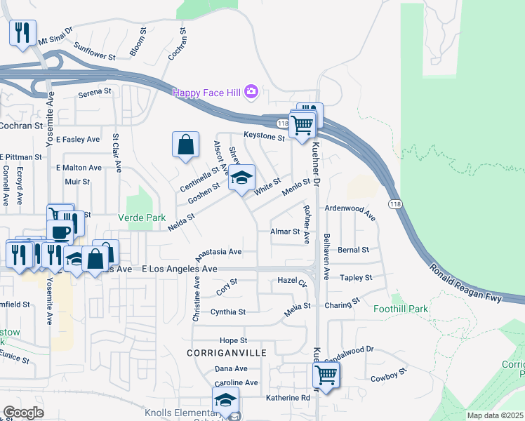 map of restaurants, bars, coffee shops, grocery stores, and more near 6376 Menlo Street in Simi Valley