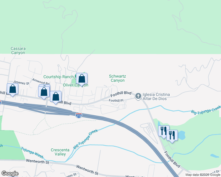 map of restaurants, bars, coffee shops, grocery stores, and more near 9971 Foothill Boulevard in Los Angeles