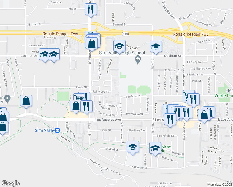 map of restaurants, bars, coffee shops, grocery stores, and more near Unnamed Road in Simi Valley