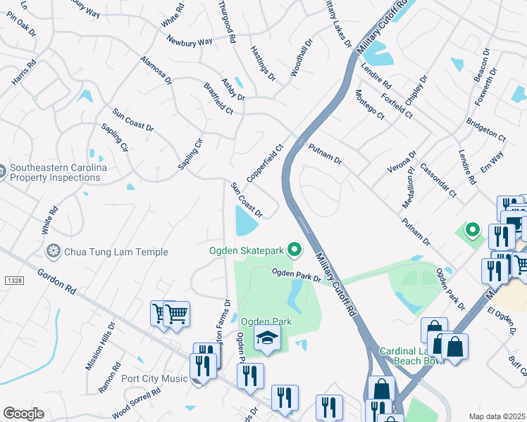 map of restaurants, bars, coffee shops, grocery stores, and more near 5535 Sun Coast Drive in Wilmington