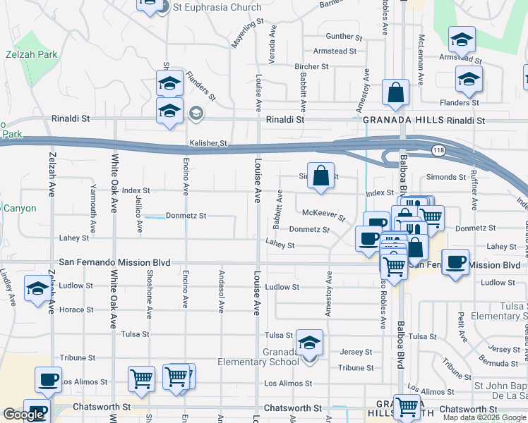 map of restaurants, bars, coffee shops, grocery stores, and more near 11228 Louise Avenue in Los Angeles