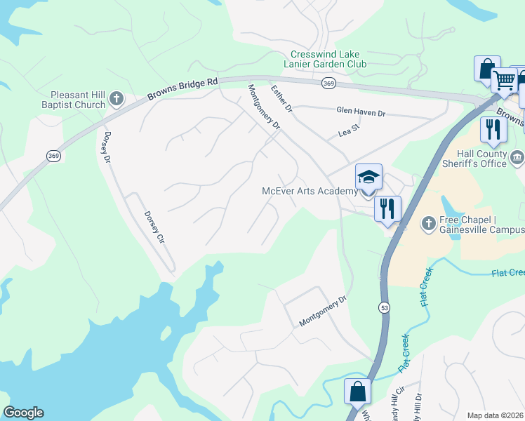 map of restaurants, bars, coffee shops, grocery stores, and more near 3733 Cresswind Parkway Southwest in Gainesville