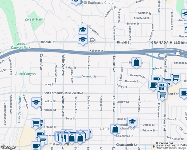 map of restaurants, bars, coffee shops, grocery stores, and more near 17449 Donmetz Street in Los Angeles
