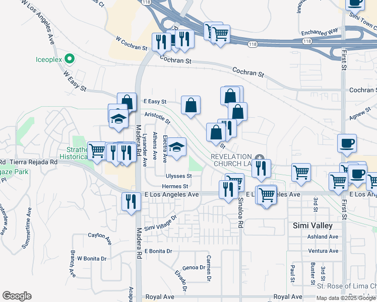map of restaurants, bars, coffee shops, grocery stores, and more near 310 Aristotle Street in Simi Valley