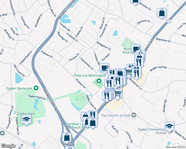 map of restaurants, bars, coffee shops, grocery stores, and more near 7217 Vespar Court in Wilmington
