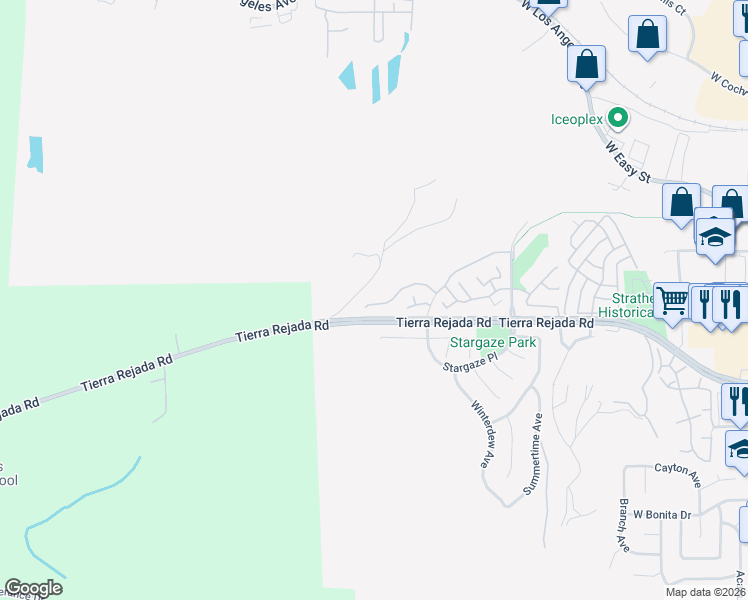 map of restaurants, bars, coffee shops, grocery stores, and more near 579 Stoney Peak Court in Simi Valley