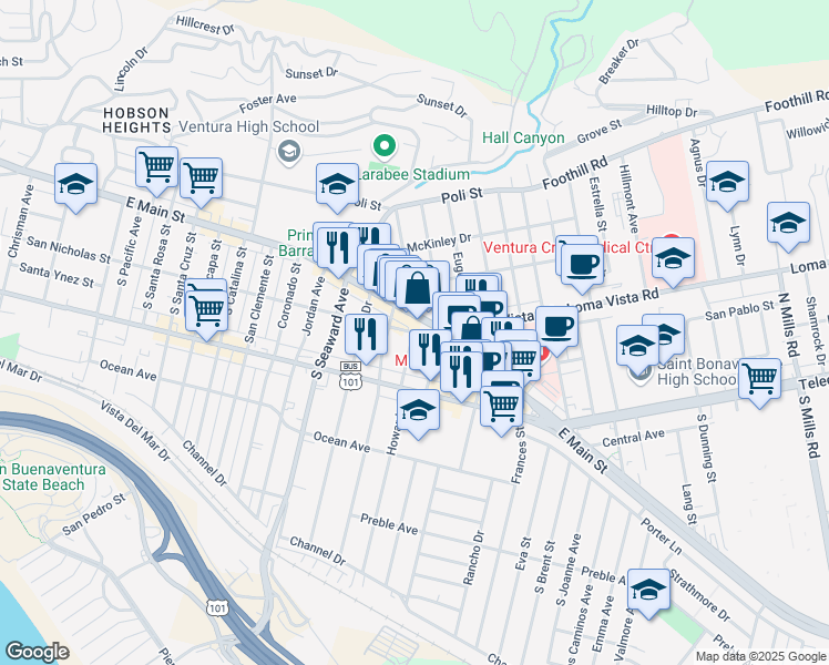 map of restaurants, bars, coffee shops, grocery stores, and more near San Nicholas Street & Howard Street in Ventura