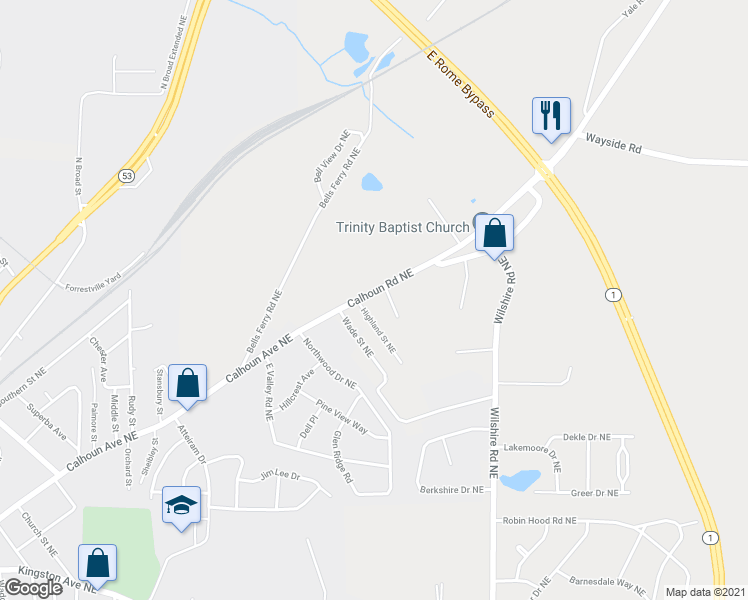 map of restaurants, bars, coffee shops, grocery stores, and more near 1566 Calhoun Road Northeast in Rome