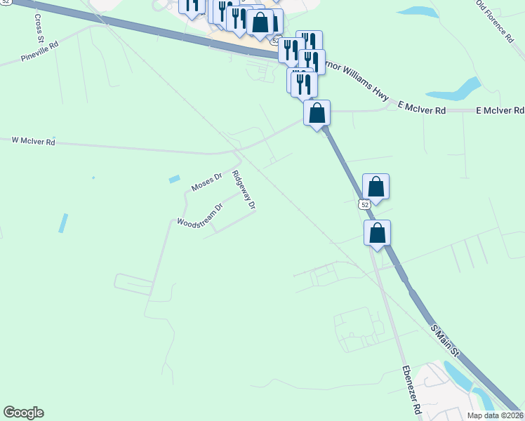 map of restaurants, bars, coffee shops, grocery stores, and more near 1251 Ridgeway Drive in Darlington