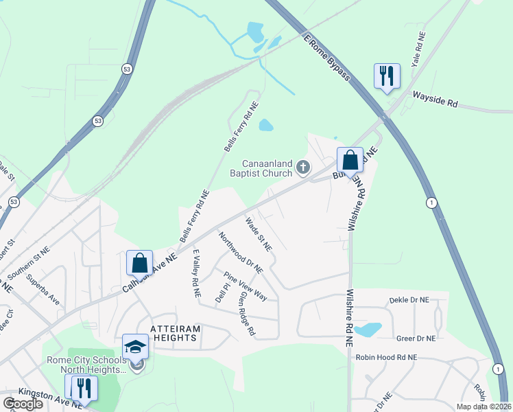 map of restaurants, bars, coffee shops, grocery stores, and more near 1556 Calhoun Road Northeast in Rome