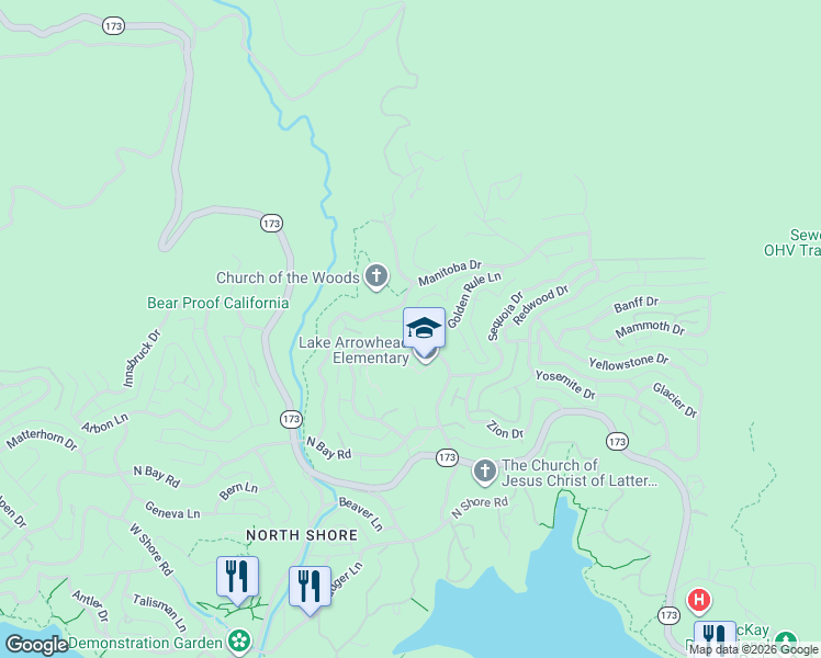 map of restaurants, bars, coffee shops, grocery stores, and more near 1358 Golden Rule Lane in Lake Arrowhead