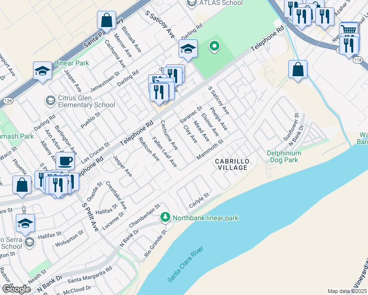 map of restaurants, bars, coffee shops, grocery stores, and more near 1349 Arrowhead Avenue in Ventura