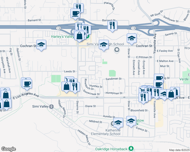 map of restaurants, bars, coffee shops, grocery stores, and more near 5350 Rainwood Street in Simi Valley