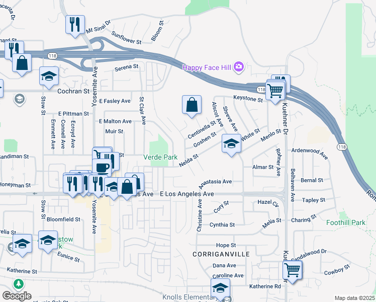 map of restaurants, bars, coffee shops, grocery stores, and more near 2152 Rockdale Avenue in Simi Valley