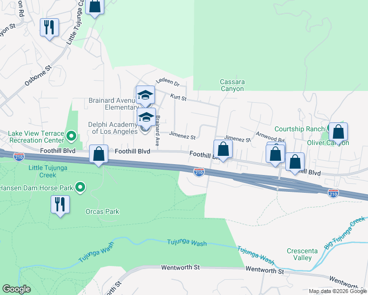 map of restaurants, bars, coffee shops, grocery stores, and more near 10601 Foothill Boulevard in Los Angeles