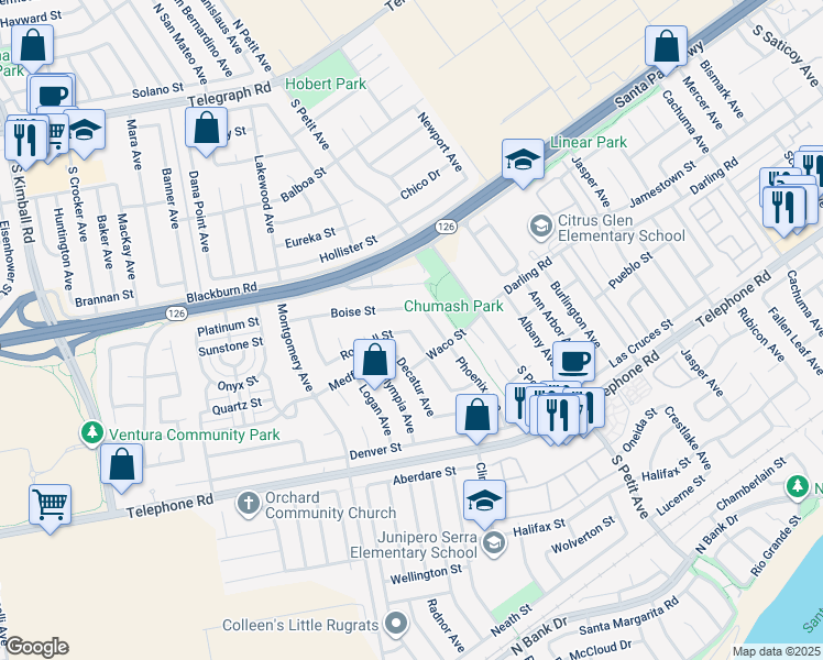 map of restaurants, bars, coffee shops, grocery stores, and more near 704 Elko Avenue in Ventura
