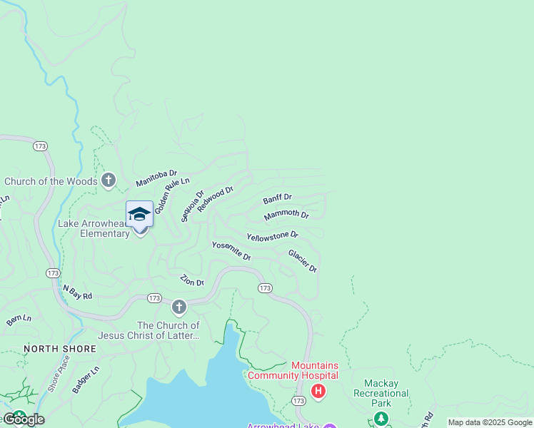 map of restaurants, bars, coffee shops, grocery stores, and more near 28938 Mammoth Drive in Lake Arrowhead