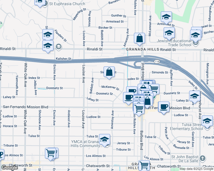 map of restaurants, bars, coffee shops, grocery stores, and more near 17181 McKeever Street in Los Angeles