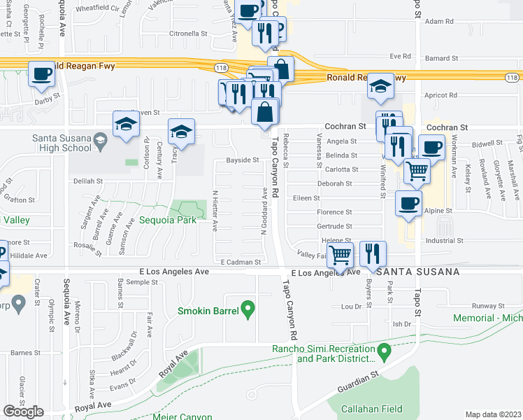 map of restaurants, bars, coffee shops, grocery stores, and more near 3995 Goodwin Avenue in Simi Valley
