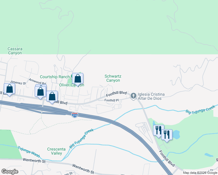 map of restaurants, bars, coffee shops, grocery stores, and more near 9823 Foothill Boulevard in Los Angeles