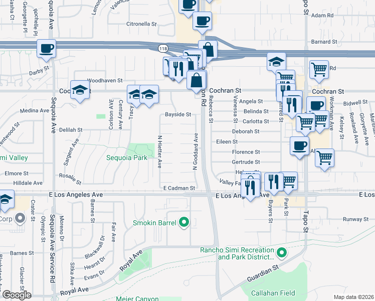 map of restaurants, bars, coffee shops, grocery stores, and more near 3968 Frandon Court in Simi Valley