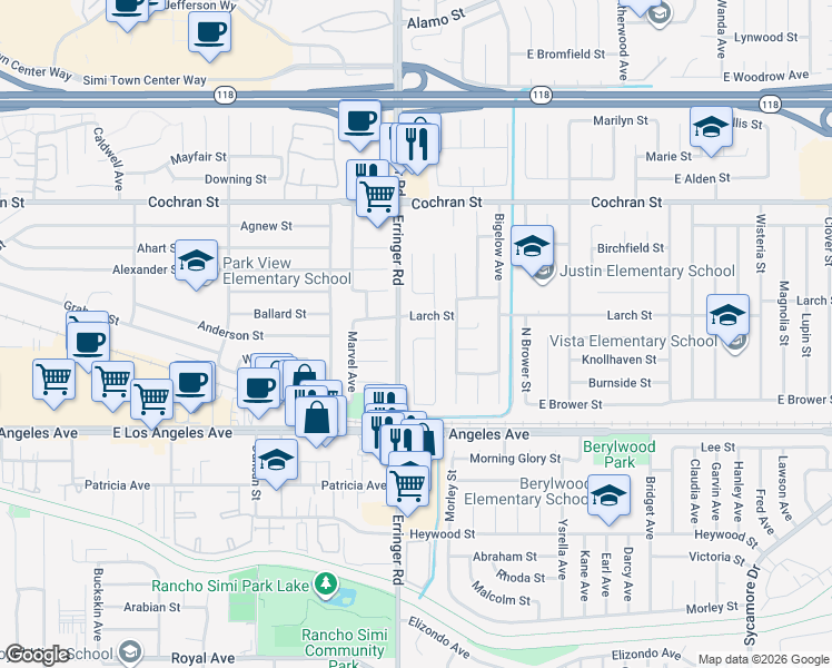 map of restaurants, bars, coffee shops, grocery stores, and more near in Simi Valley