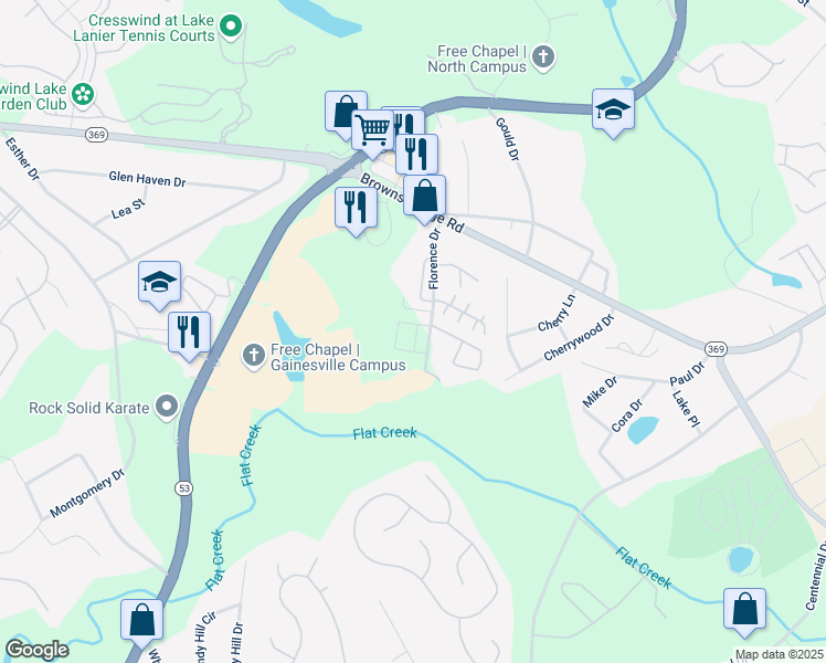 map of restaurants, bars, coffee shops, grocery stores, and more near 2920 Florence Drive in Gainesville