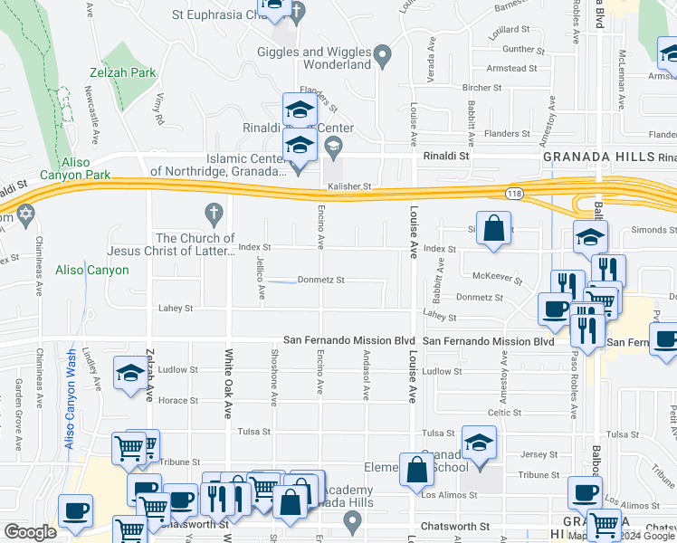 map of restaurants, bars, coffee shops, grocery stores, and more near 17449 Donmetz Street in Los Angeles