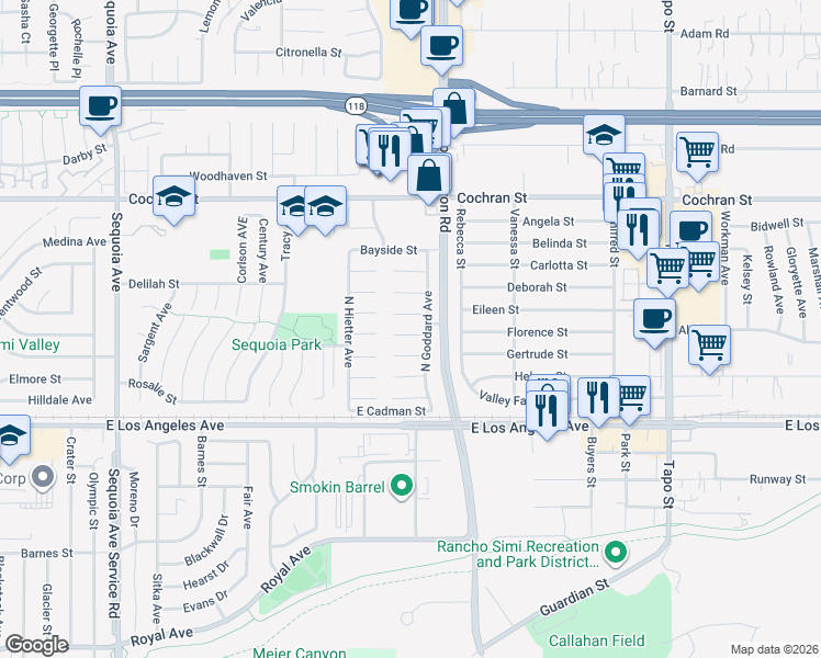 map of restaurants, bars, coffee shops, grocery stores, and more near 3968 Frandon Court in Simi Valley