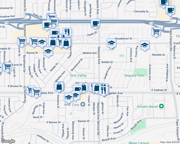 map of restaurants, bars, coffee shops, grocery stores, and more near 3292 Grafton Street in Simi Valley