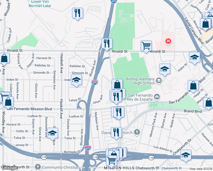 map of restaurants, bars, coffee shops, grocery stores, and more near 11238 North Mission Heights Drive in Los Angeles