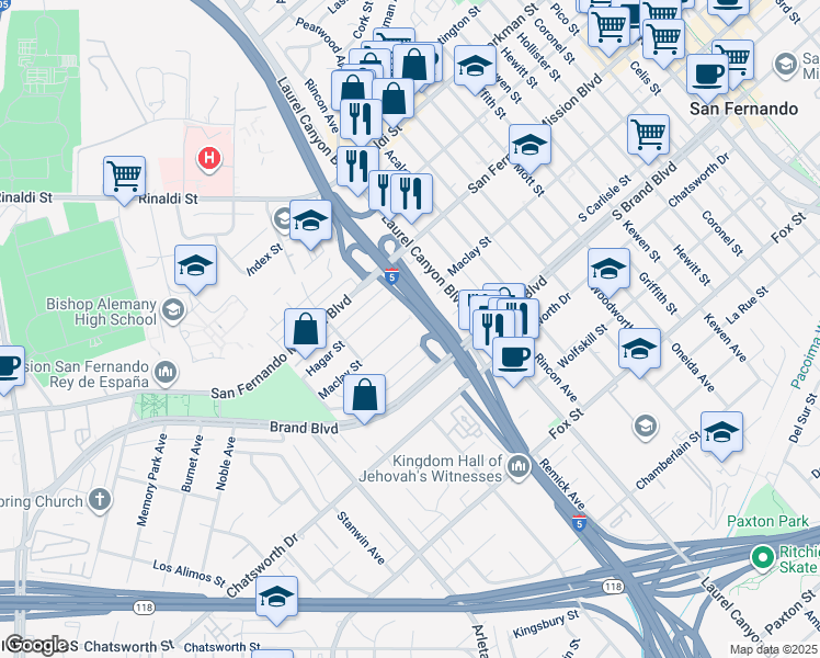 map of restaurants, bars, coffee shops, grocery stores, and more near 14658 Maclay Street in Los Angeles