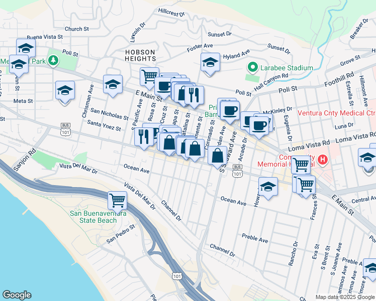 map of restaurants, bars, coffee shops, grocery stores, and more near 231 Santa Ynez Street in Ventura