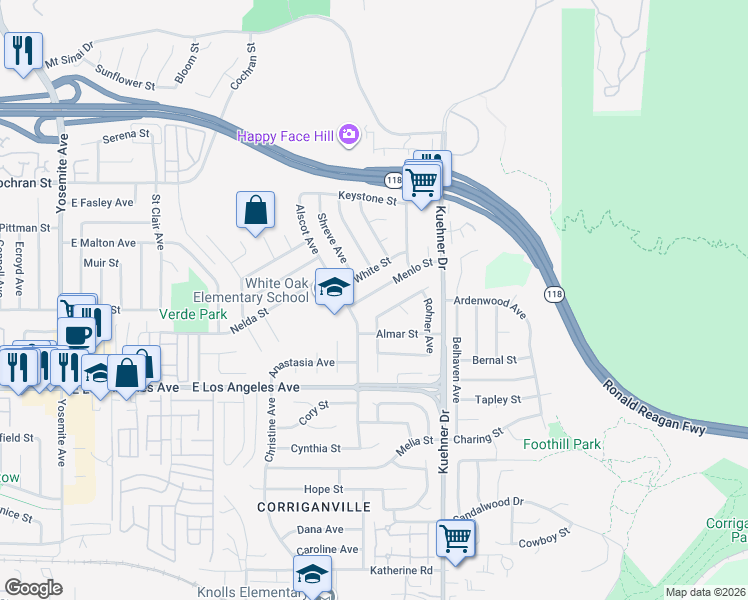 map of restaurants, bars, coffee shops, grocery stores, and more near 6394 Menlo Street in Simi Valley