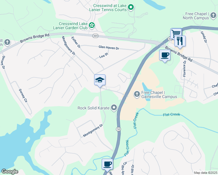 map of restaurants, bars, coffee shops, grocery stores, and more near 3265 Montgomery Drive in Gainesville