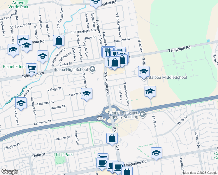 map of restaurants, bars, coffee shops, grocery stores, and more near 260 Cloverly Street in Ventura