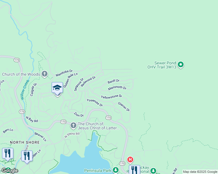 map of restaurants, bars, coffee shops, grocery stores, and more near 28938 Mammoth Drive in Lake Arrowhead