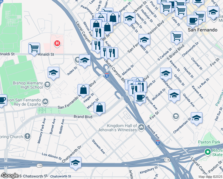 map of restaurants, bars, coffee shops, grocery stores, and more near 14658 Maclay Street in Los Angeles