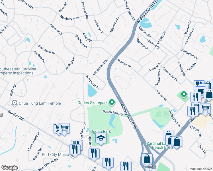map of restaurants, bars, coffee shops, grocery stores, and more near 5552 Sun Coast Drive in Wilmington