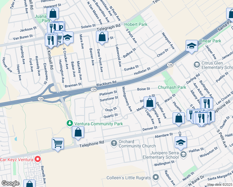 map of restaurants, bars, coffee shops, grocery stores, and more near 8264 Platinum Street in Ventura